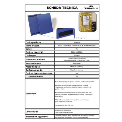 Tasche per identificazione Durable con bande magnetiche blu f.to esterno mm. 223x313- inserto A4 vert. cf. 50- 174407